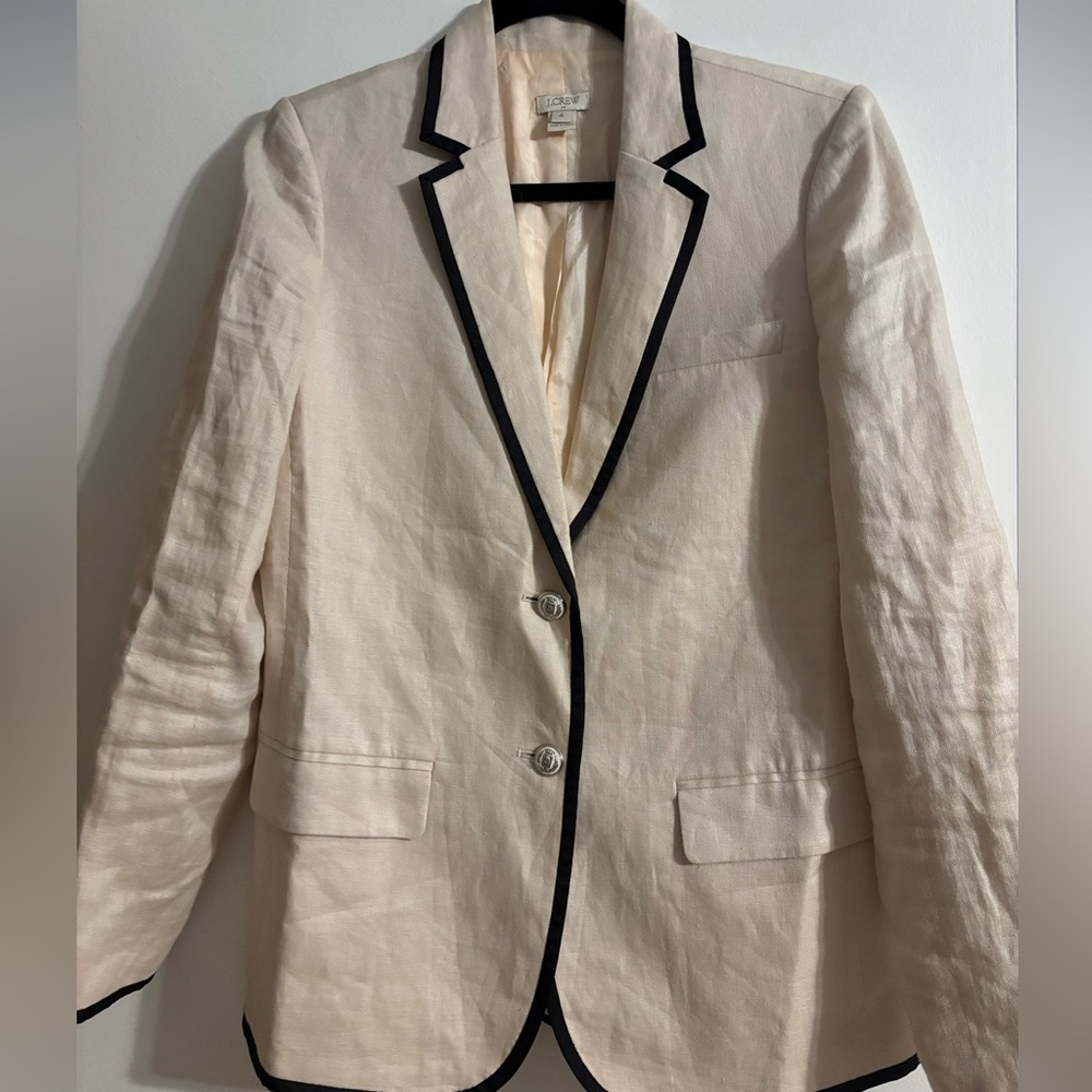 J.Crew Cream Tan Linen Blazer with Black Trim & Crest Buttons